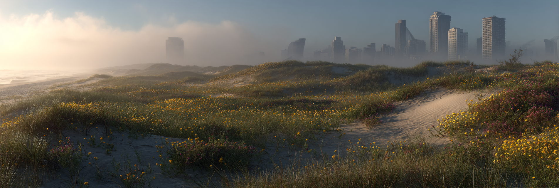 Küstenszene Mit Sanddünen Blumen Und Stadtsilhoütte Im Nebel | Duenen und Heide | Landschaften