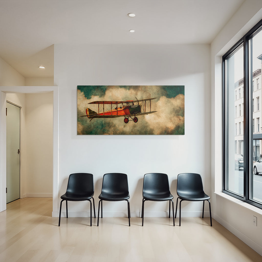 Vintage Biplane Roter Himmel Mit Nebel Kunstwerk | Flugzeuge | Mobilitaet und Technik