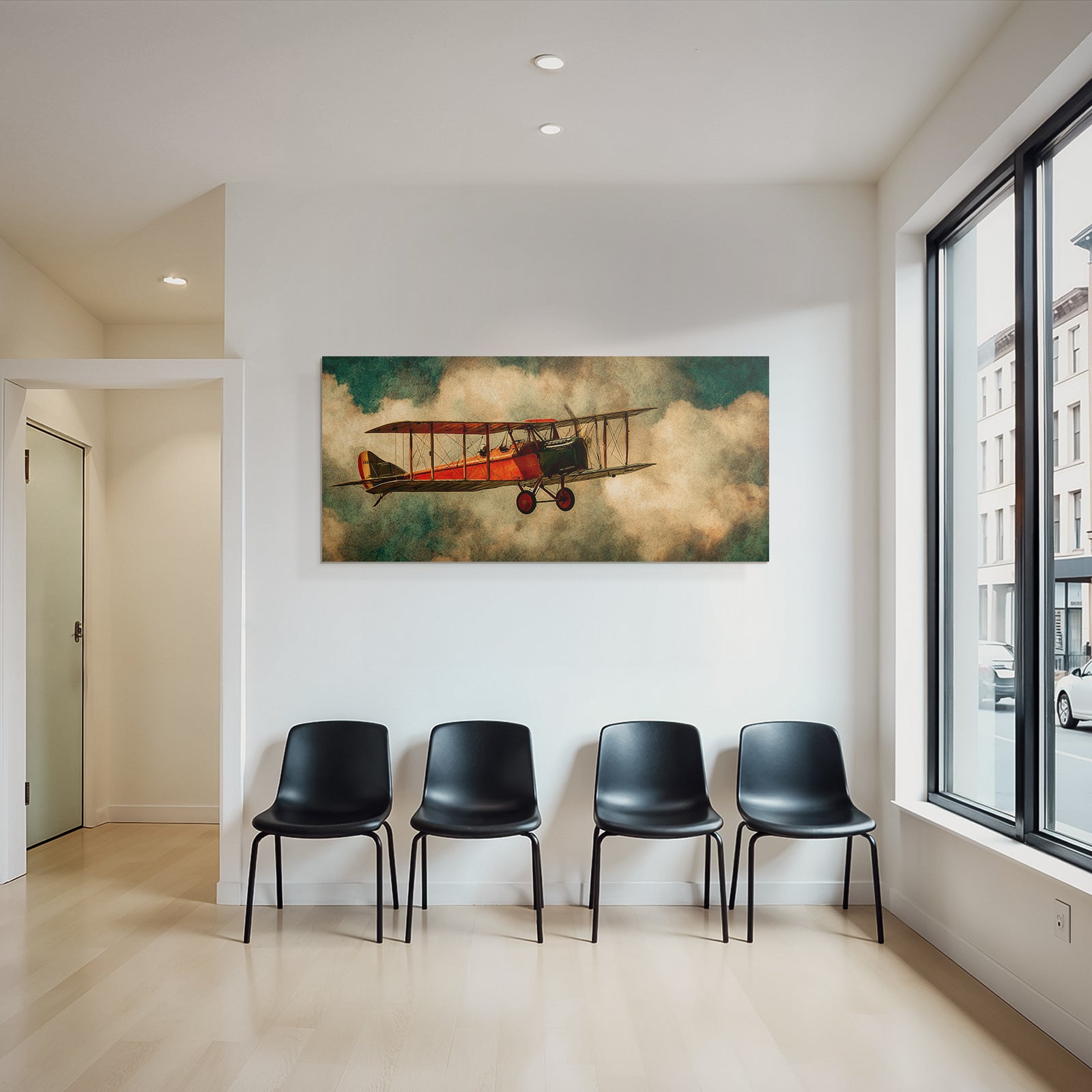 Vintage Biplane Roter Himmel Mit Nebel Kunstwerk | Flugzeuge | Mobilitaet und Technik