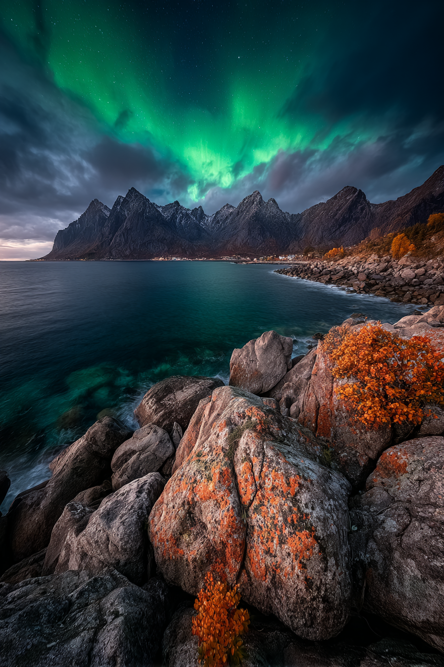 Polarlicht Dramatische Berge Northern Lights Stimmungsvolle Landschaft | Fjorde und Gletscher | Landschaften