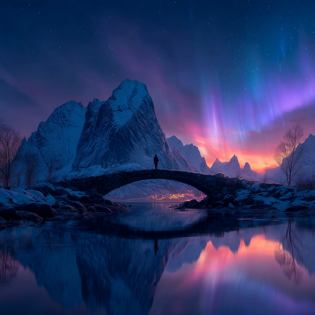 Polarlicht Steinbrücke Am See Und Aurora Borealis In Den Bergen | Fjorde und Gletscher | Landschaften