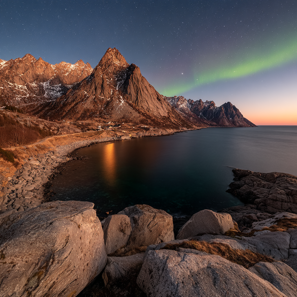 Polarlicht Coastal Mountains Northern Lights Tranquil Landscape | Fjorde und Gletscher | Landschaften