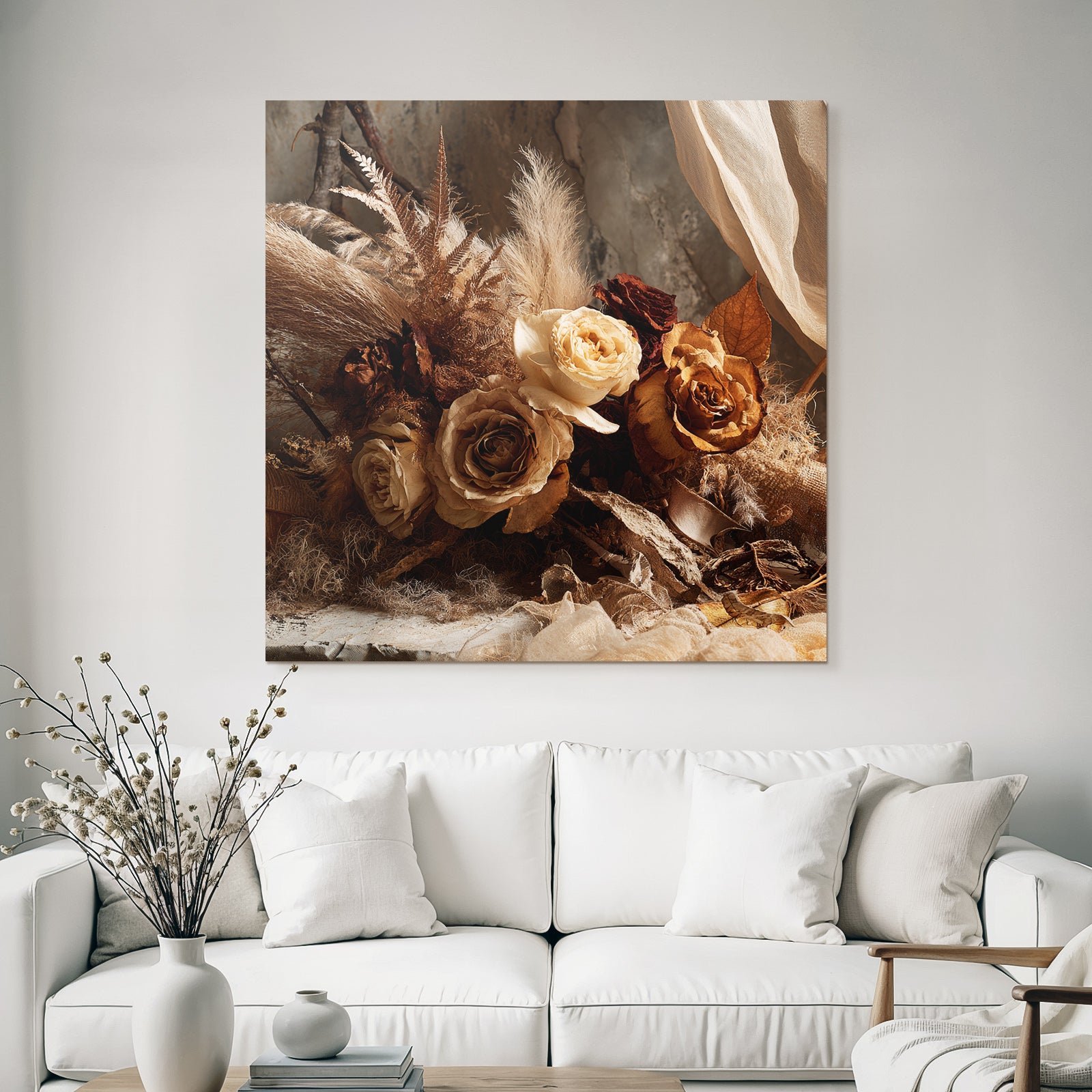 Trocken Retro Flowers Getrocknete Rosen Flower Arrangement Erdige Tonpalette Rustikaler Stil