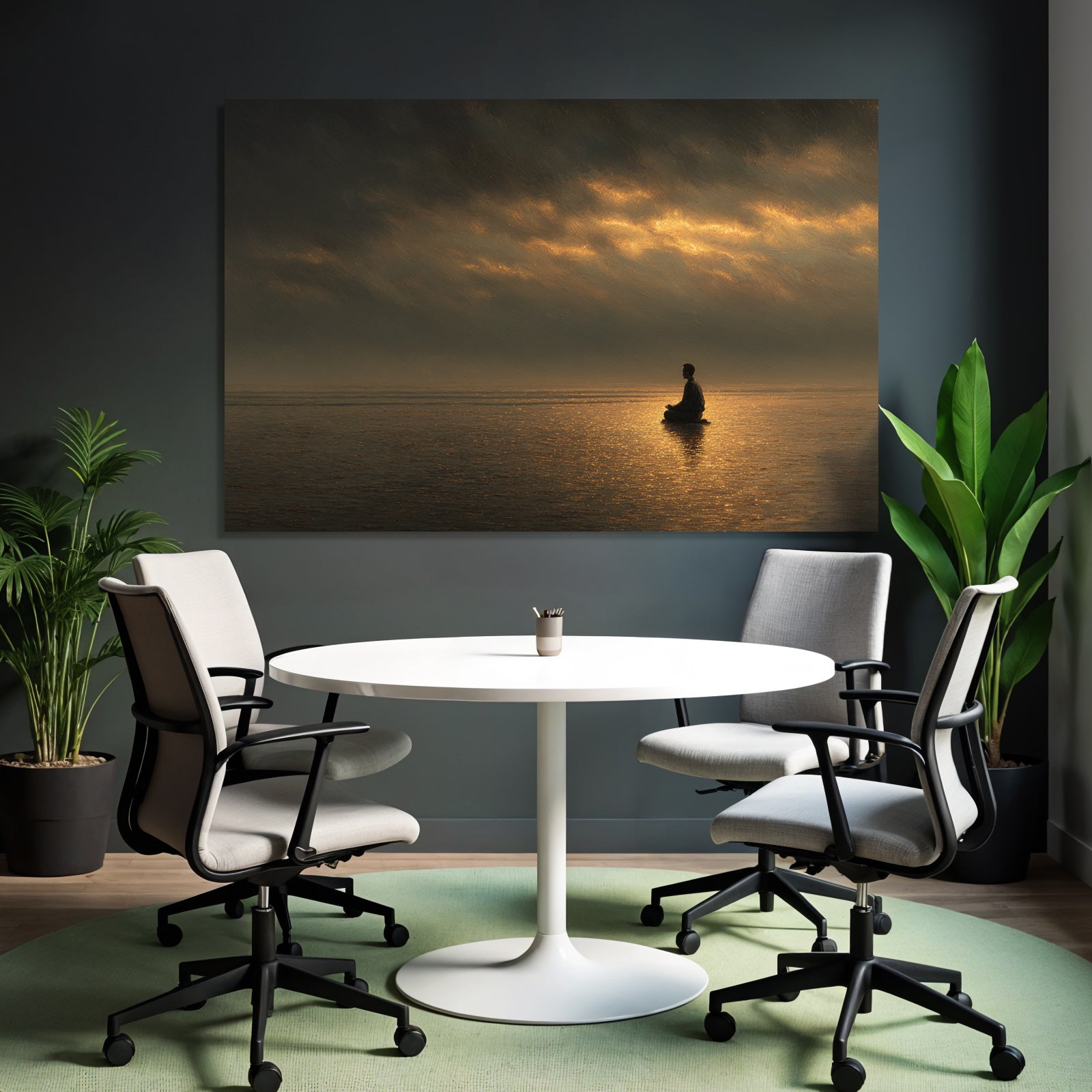 Yoga Meditation Meditierende Figur Auf Reflektierender Oberfläche Unter Dramatischem Himmel | Yoga und Meditation | Themen und Hobbys