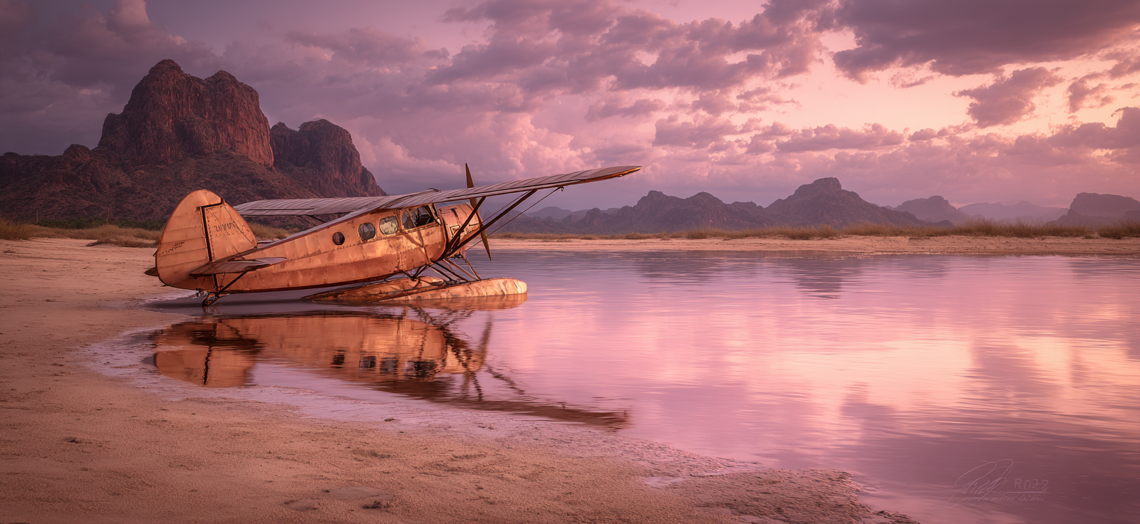 Vintage Seaplane Bei Sonnenaufgang Am See Mit Bergen Im Hintergrund | Flugzeuge | Mobilitaet und Technik