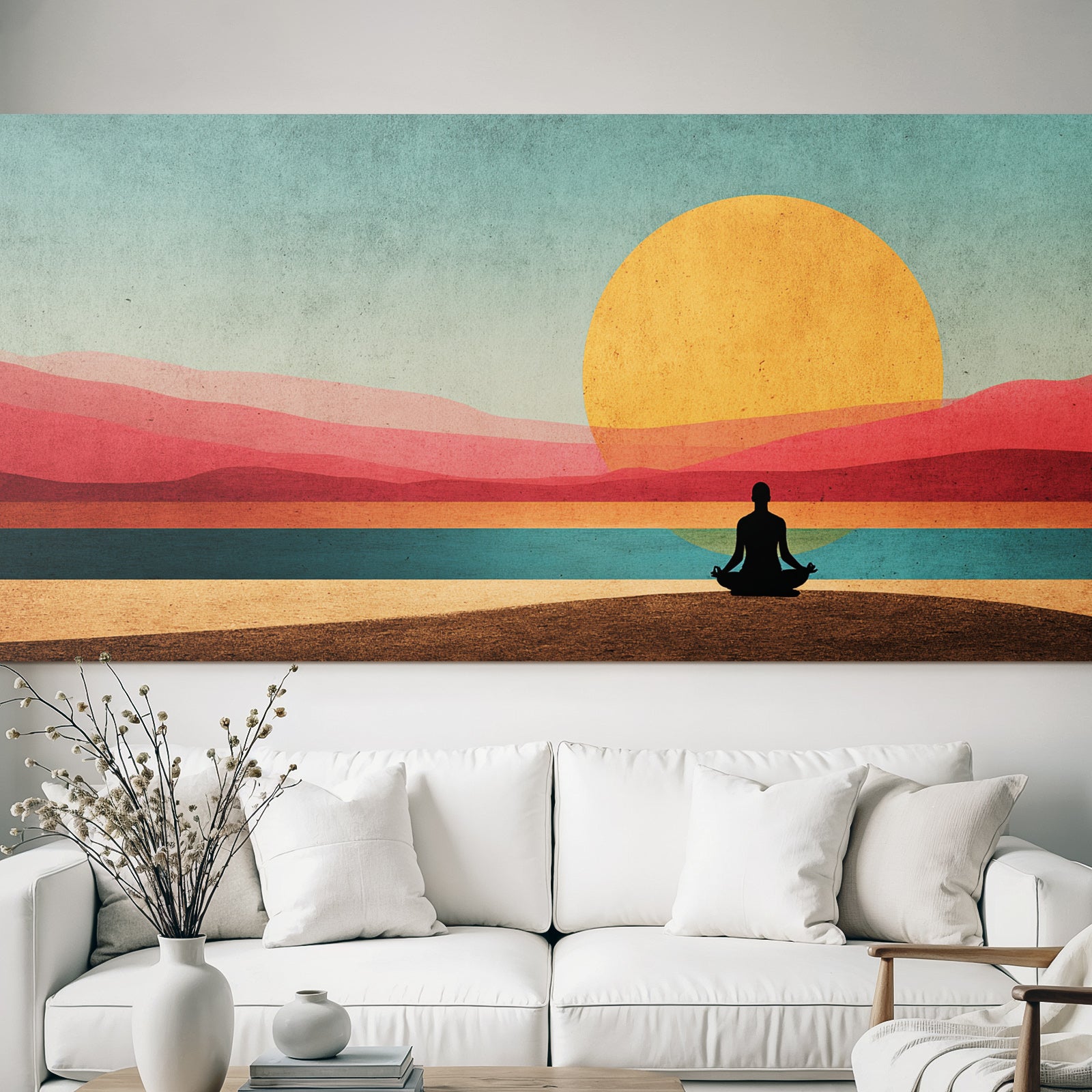 Yoga Meditation Meditierende Figur Vor Sonnenaufgang Über Wasser Mit Rotpink Hügeln Und Blaüm Küstenbereich | Yoga und Meditation | Themen und Hobbys