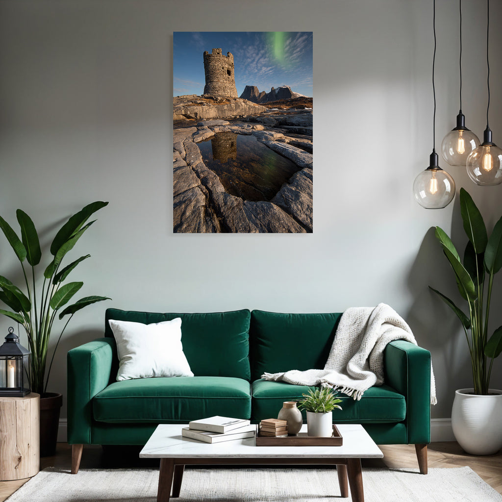 Polarlicht Stein Turm In Rugged Landscape Mit Aurora Borealis Reflektierender Pool | Fjorde und Gletscher | Landschaften
