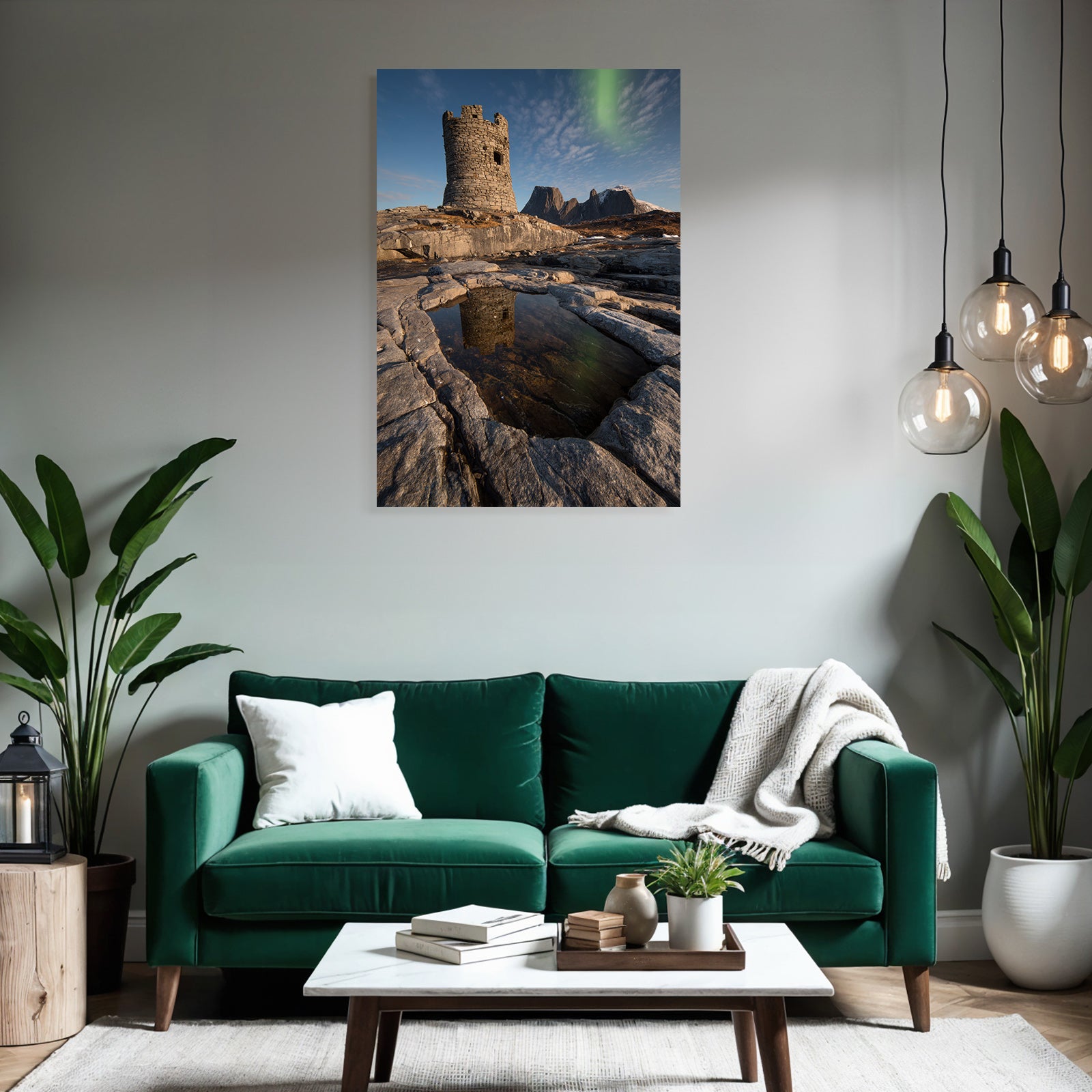 Polarlicht Stein Turm In Rugged Landscape Mit Aurora Borealis Reflektierender Pool | Fjorde und Gletscher | Landschaften