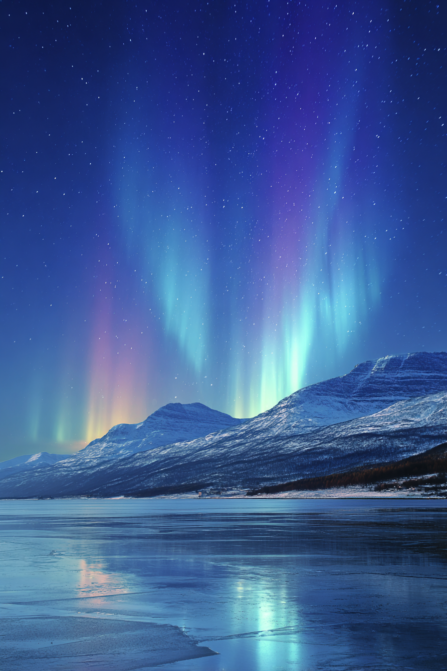 Polarlicht Aurora Borealis Nachtlandschaft Schneebedeckte Berge Reflektion Wasser | Fjorde und Gletscher | Landschaften