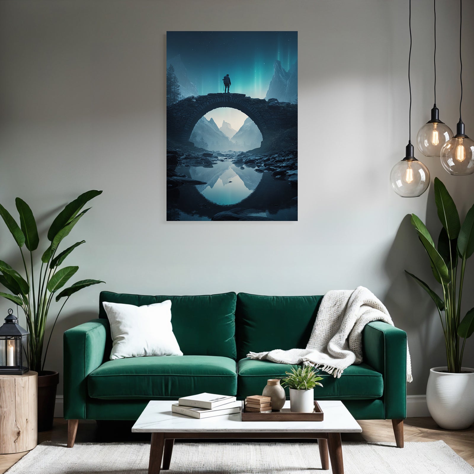 Polarlicht Landschaft Mit Brücke Und Northern Lights In Mödiger Atmosphäre | Fjorde und Gletscher | Landschaften