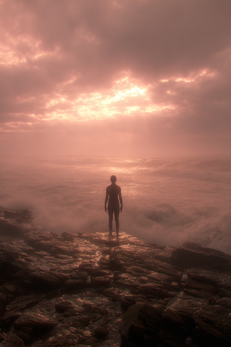Yoga Meditation Silhoüttenfigur Gegen Licht Am Meer Mit Gebrochnen Wellen Bei Sonnenaufgang Oder Sonnenuntergang | Yoga und Meditation | Themen und Hobbys