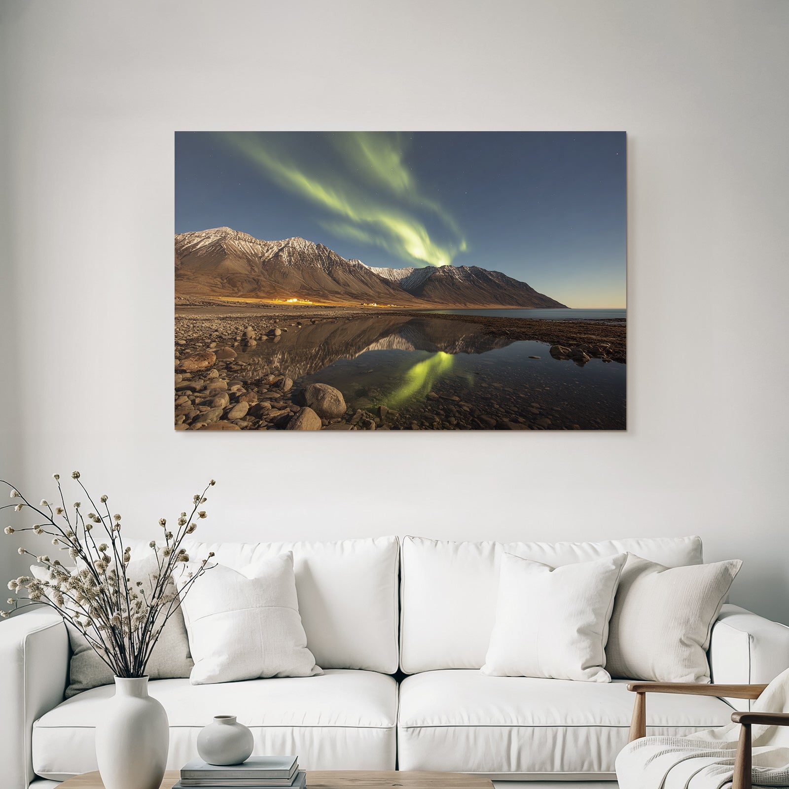 Polarlicht Nordlichter Reflektion Berge Und Wasser Schneebedeckt Ruhe | Fjorde und Gletscher | Landschaften
