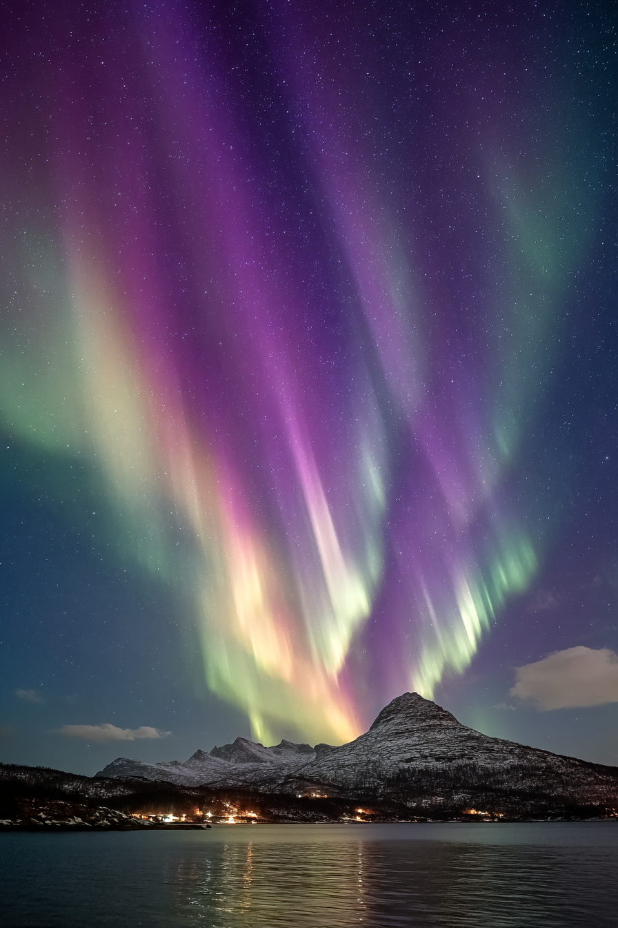 Polarlicht Nordlichlich Lichter Aurora Borealis Schneebedeckte Berge Und Wasser | Fjorde und Gletscher | Landschaften