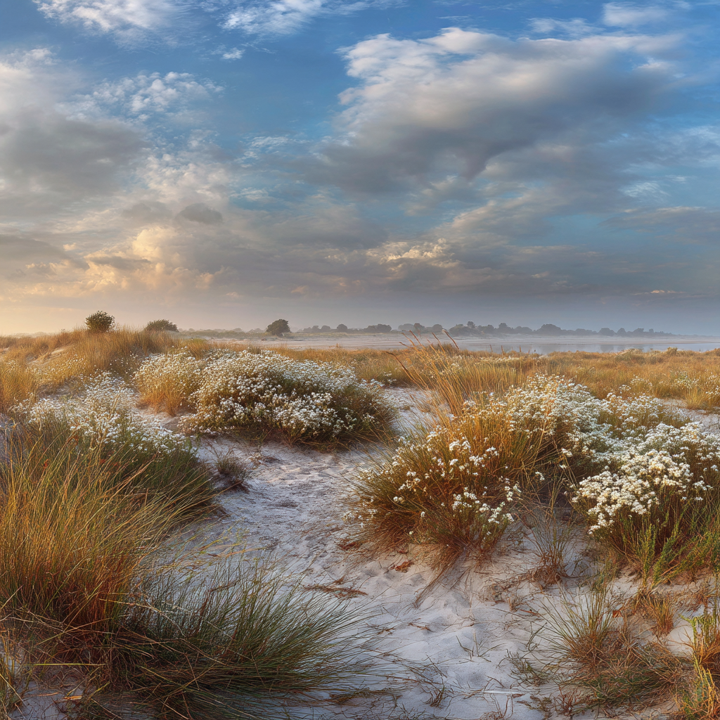 Friedliche Landschaft Sandy Terrain Gras Blumen Dawn Dusk | Duenen und Heide | Landschaften