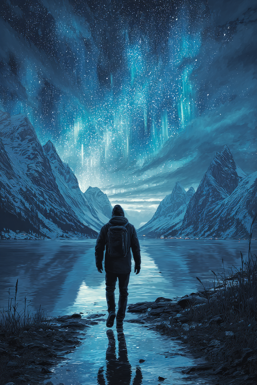 Polarlicht Friedliche Landschaft Unter Aurora Borealis Mit Alleinstehender Figur Am See | Fjorde und Gletscher | Landschaften