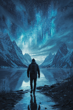 Polarlicht Friedliche Landschaft Unter Aurora Borealis Mit Alleinstehender Figur Am See | Fjorde und Gletscher | Landschaften