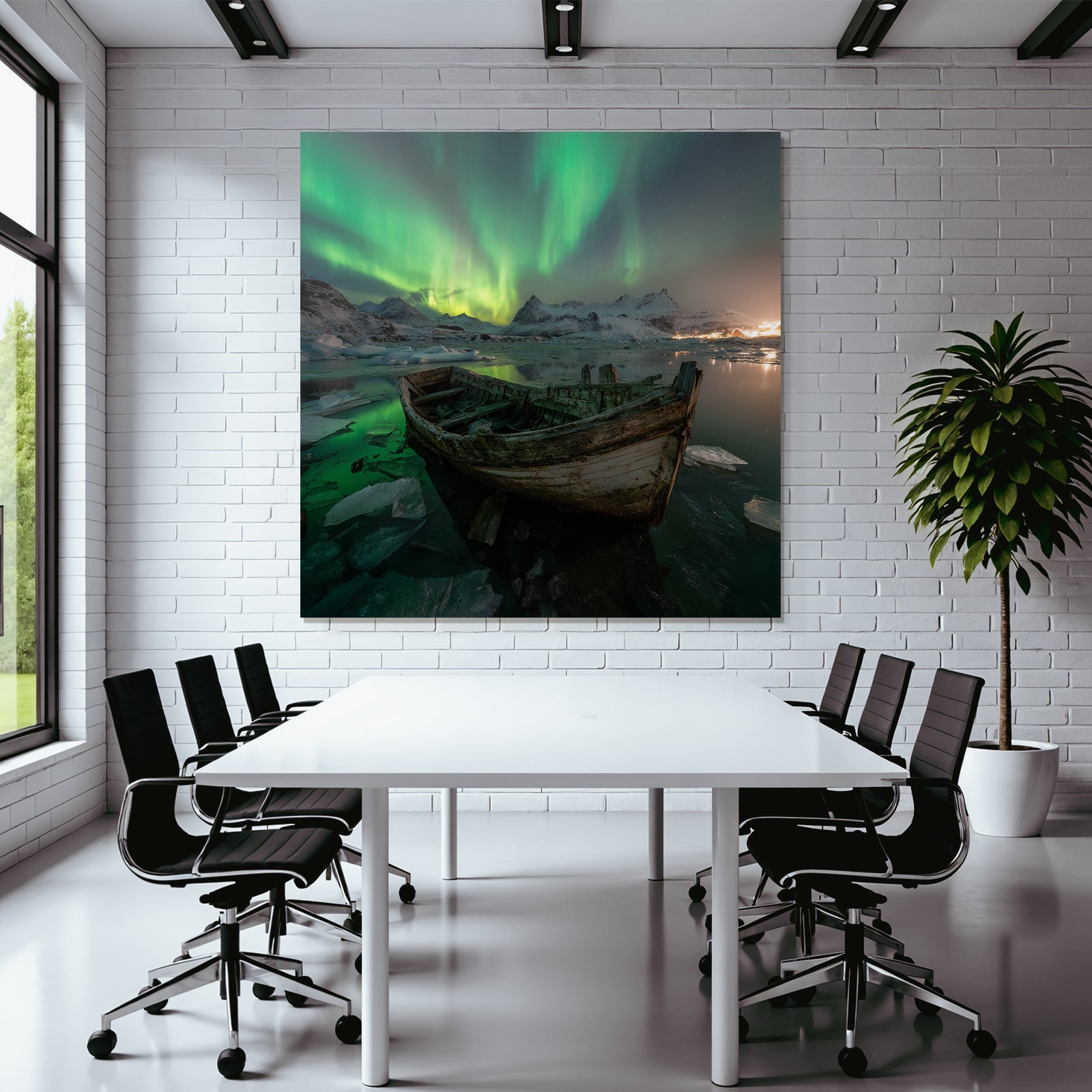 Polarlicht Winterlandschaft Boote Auroraborealis Schneebärgebirge | Fjorde und Gletscher | Landschaften