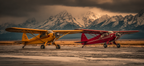 Gelbe Und Rote Auf Startbahn Mit Berglandschaft Hintergrund | Flugzeuge | Mobilitaet und Technik