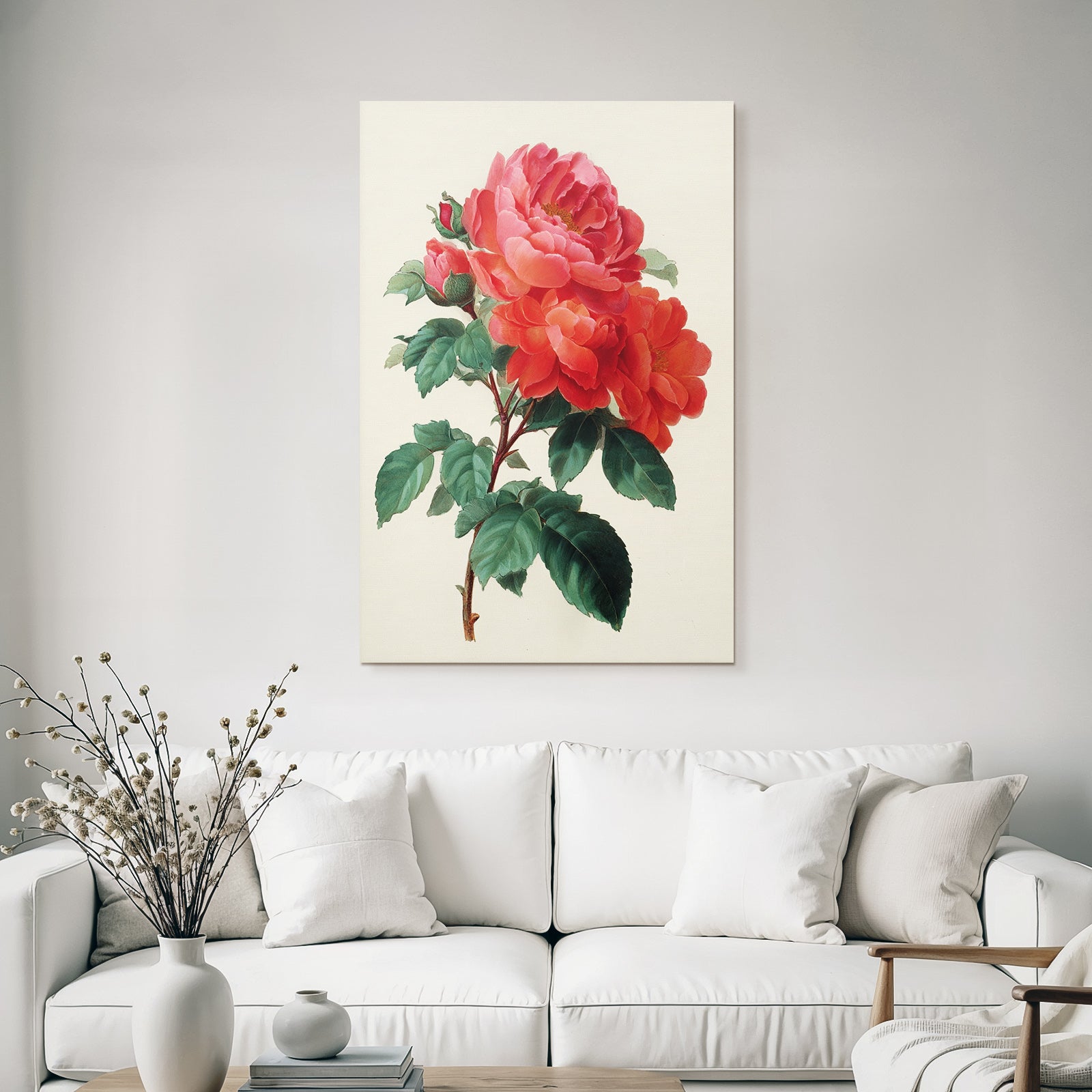 Botanische Illustration Roter Rosen Im Vollblute Mit Blütenknospen Und Grünen Blättern
