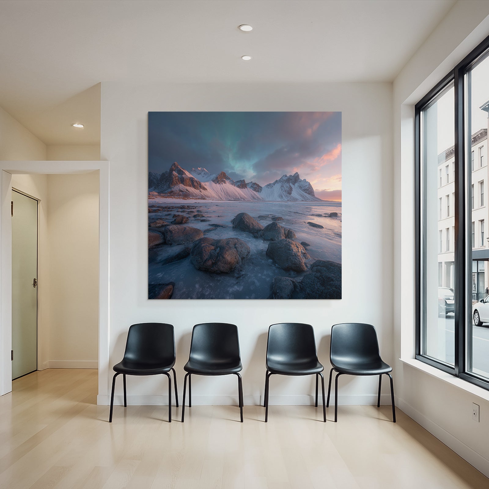Polarlicht Winterlandschaft Mit Bergen Und Nordlichtern Mit Farbenfrohem Himmel | Fjorde und Gletscher | Landschaften
