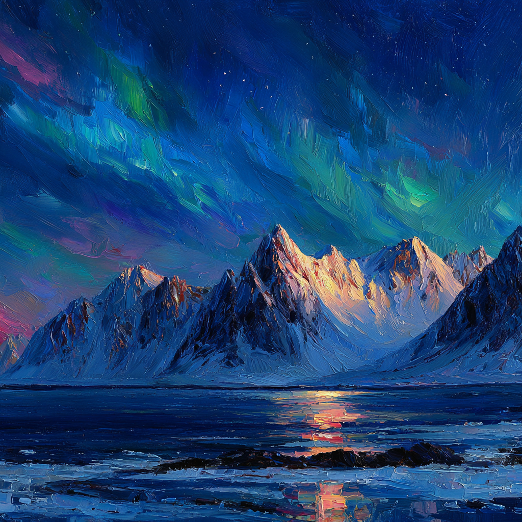 Polarlicht Vibrante Impressionistische Landschaft Nacht Himmel Auroren Reflexion Wasser | Fjorde und Gletscher | Landschaften