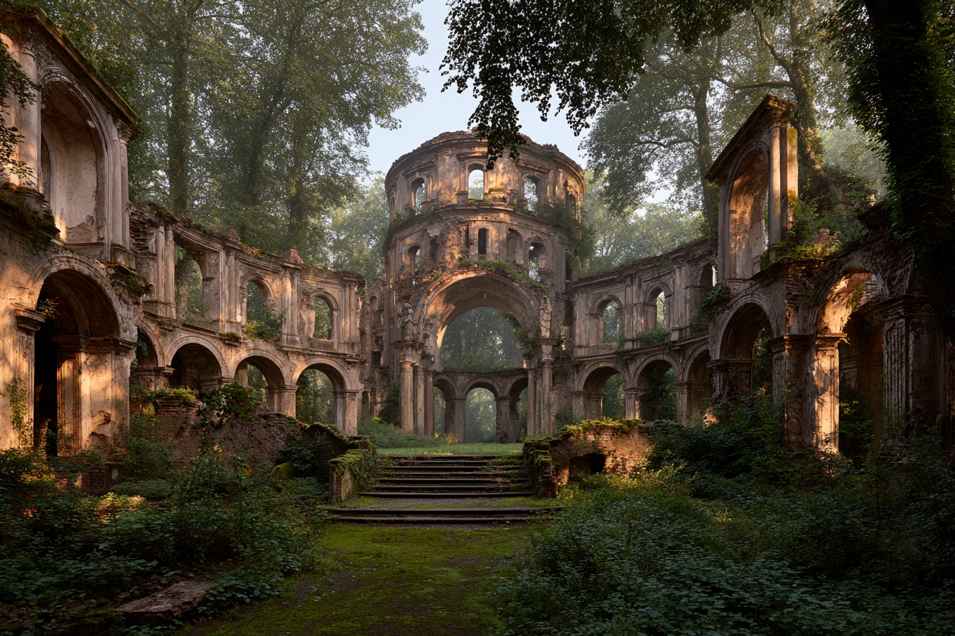 Antike Ruinen In Dichter Vegetation Mit Nebel Und Weichem Licht | Lost Places | Architektur