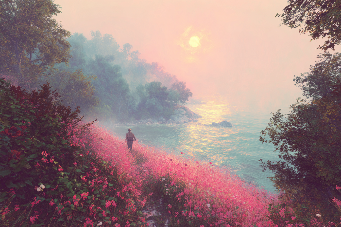 Yoga Meditation Friedliche Landschaft Mit Blumen Sunset Und Person Am Strand | Yoga und Meditation | Themen und Hobbys