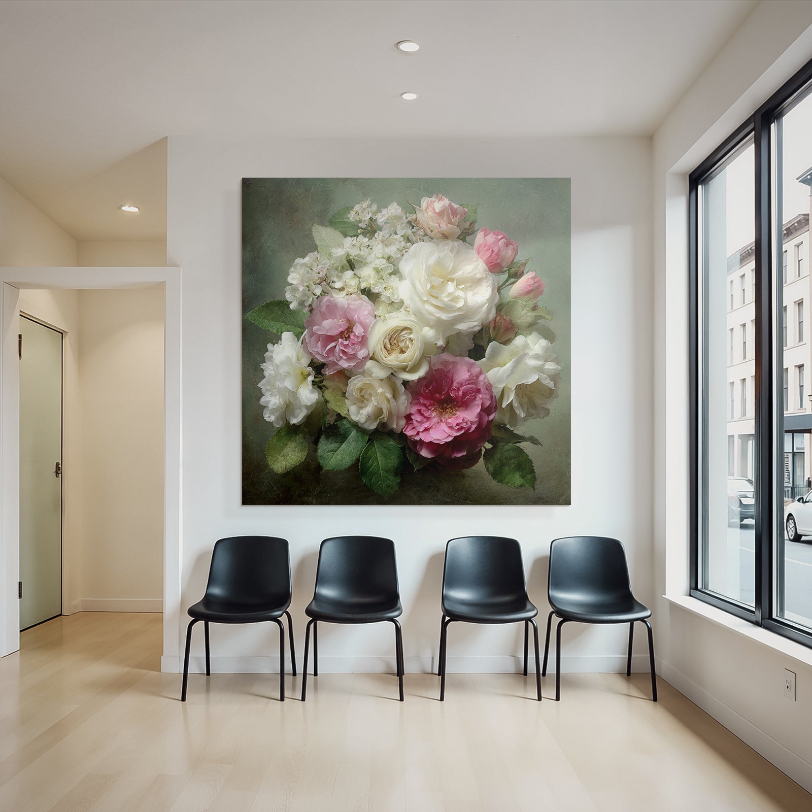 Schönes Arrangement Mit Rosen In Weiss Rosa Und Creme Kleine Weisse Und Grüne Blätter