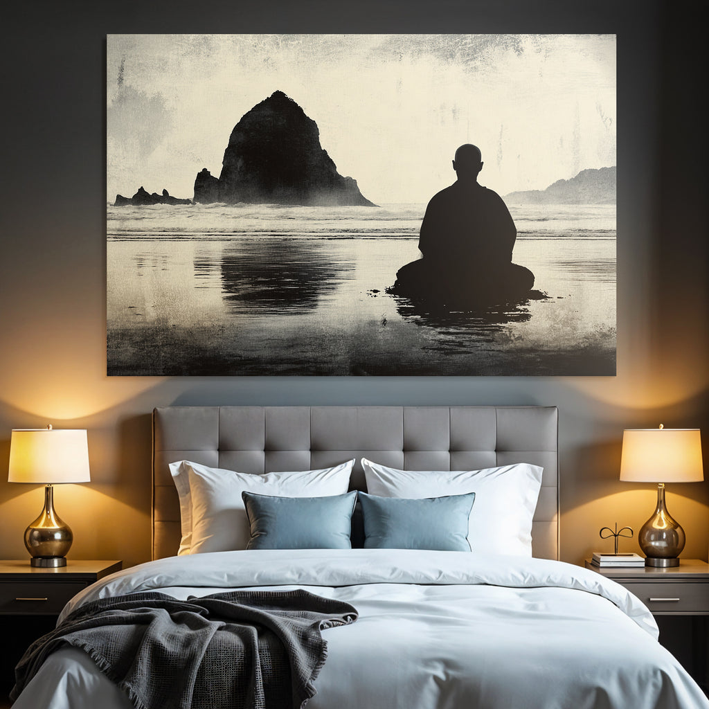 Yoga Meditation Meditierende Person Am Ozean Mit Felseninsel Hintergrund Ruhige Stimmung | Yoga und Meditation | Themen und Hobbys