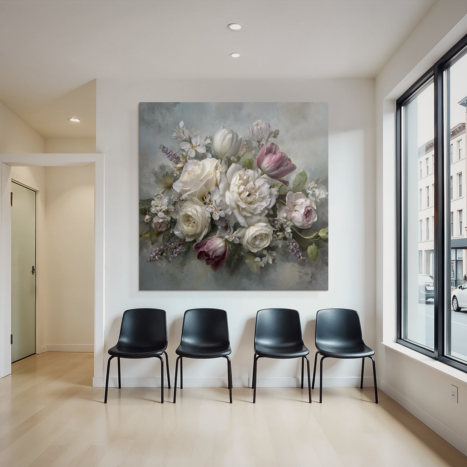 Zarte Florale Komposition Mit Rosen Tulpen Und Lavendel