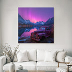 Polarlicht Schöne Natur Landschaft Mit See Und Bergen Und Altem Auto | Fjorde und Gletscher | Landschaften