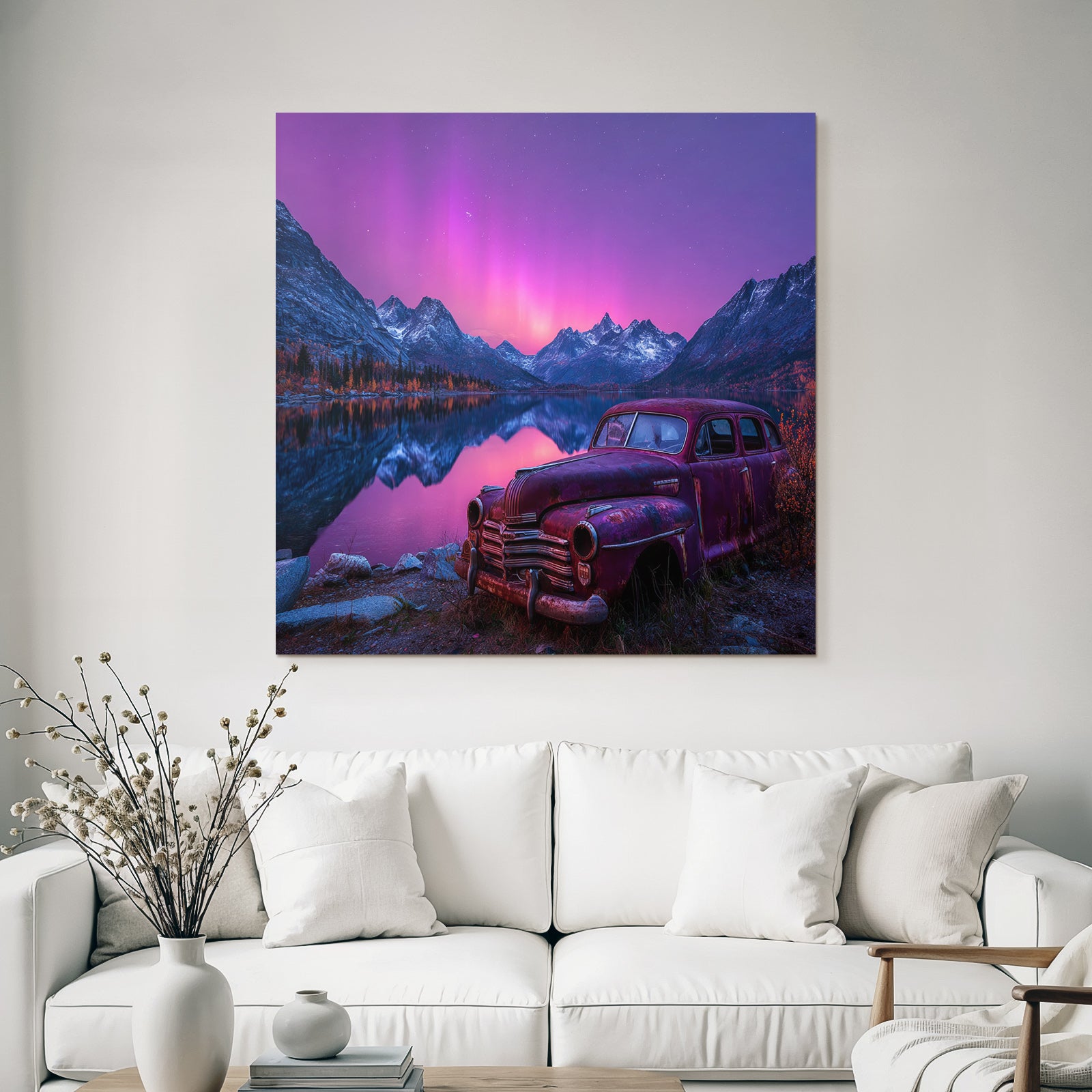 Polarlicht Schöne Natur Landschaft Mit See Und Bergen Und Altem Auto | Fjorde und Gletscher | Landschaften