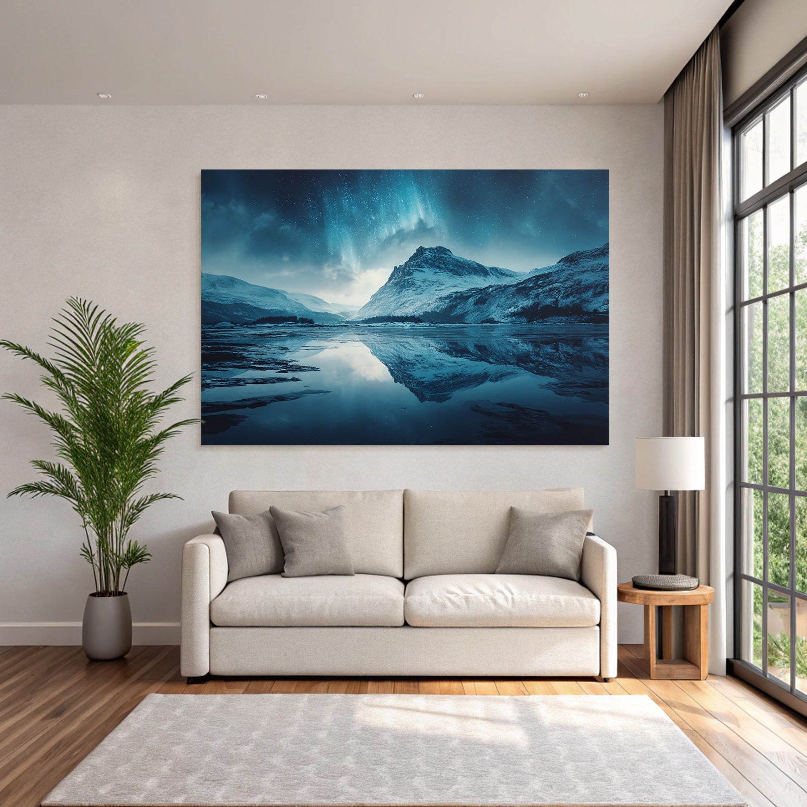 Polarlicht Szenische Landlandschaft Mit Bergen Und Aurora Borealis Reflektiert Im Wasser | Fjorde und Gletscher | Landschaften