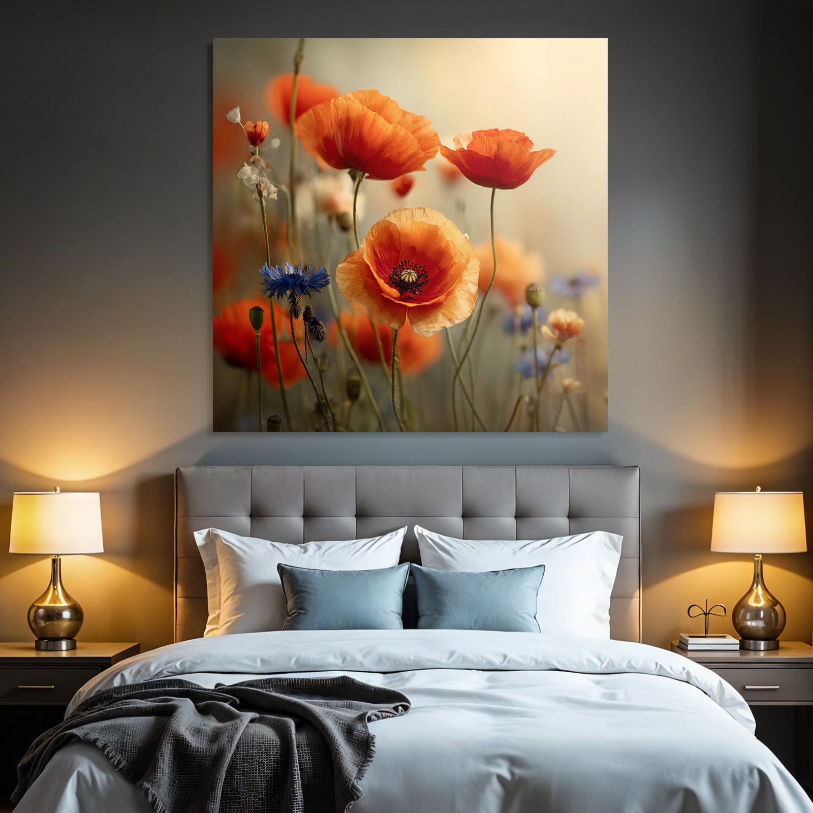 Lebhafte Wiese Mit Orangen Mohn Und Blaün Korn