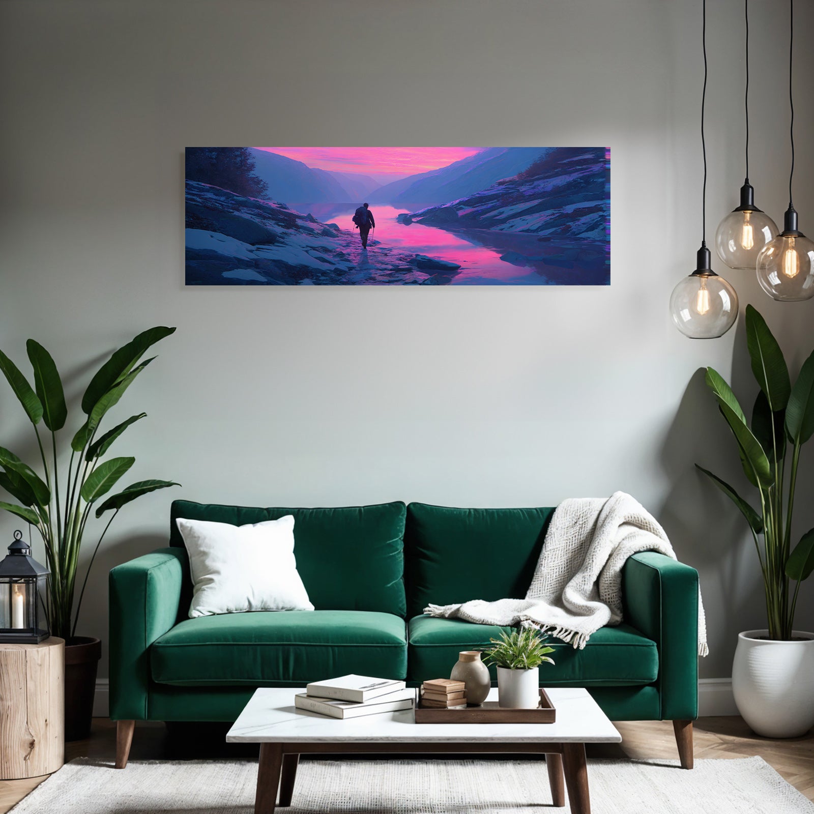 Polarlicht Ruhige Landschaft Mit Person Am Steinigen Ufer Bei Sonnenaufgang Oder Sonnenuntergang | Fjorde und Gletscher | Landschaften