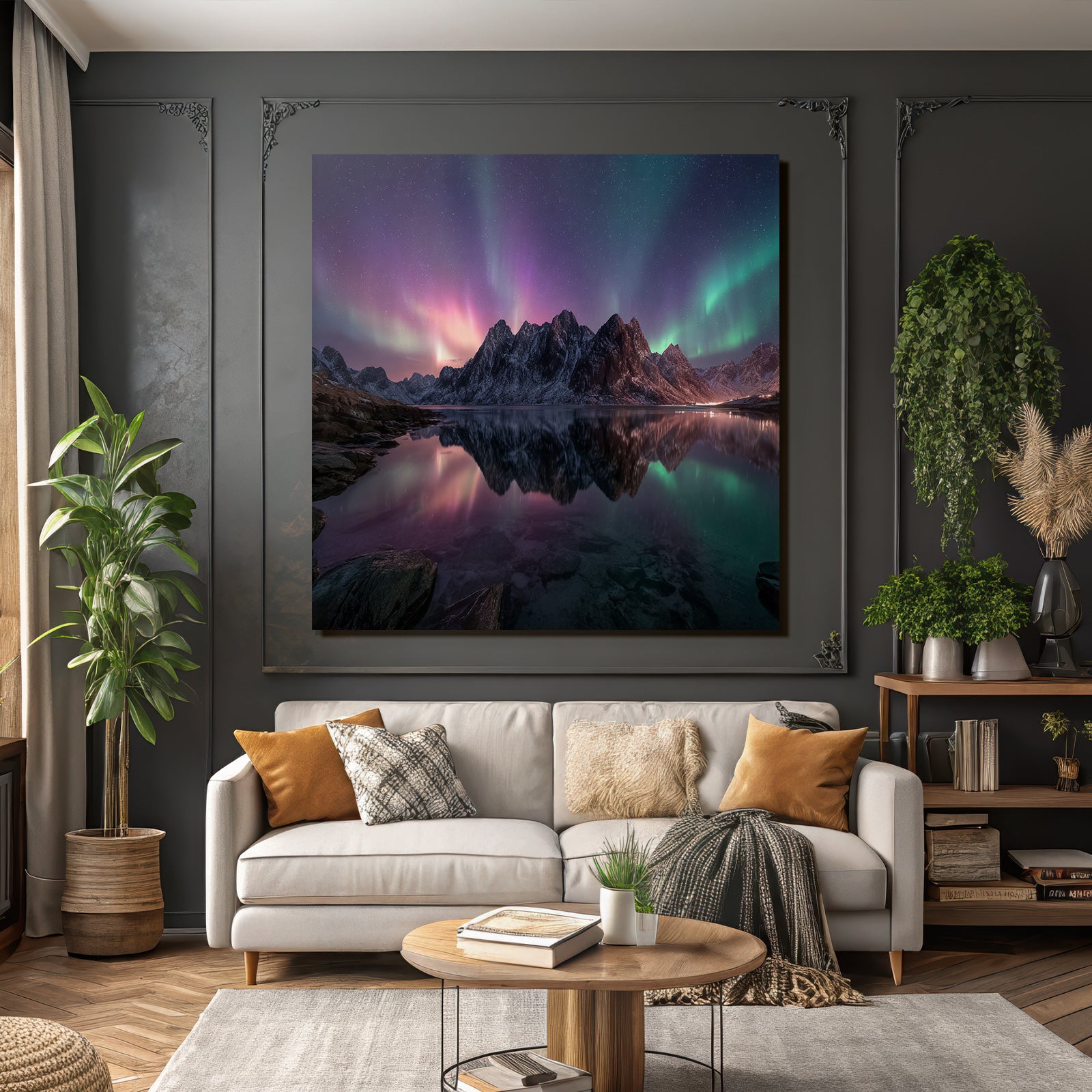 Polarlicht Schöne Naturlandschaft See Umgeben Von Schneebedeckten Bergen Aurora Nacht | Fjorde und Gletscher | Landschaften