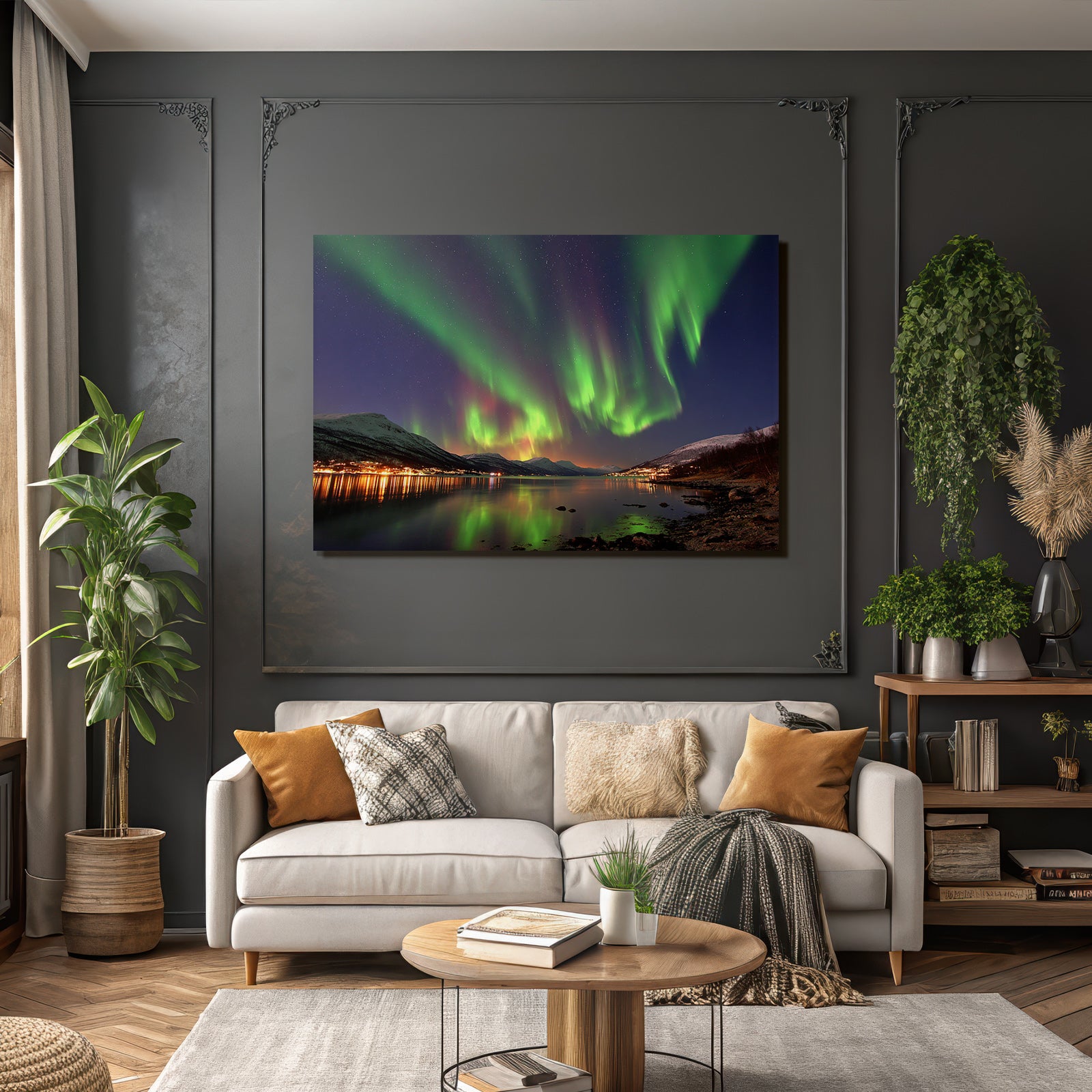 Polarlicht Nordlichter Mit Reflexion Und Gebirgen | Fjorde und Gletscher | Landschaften