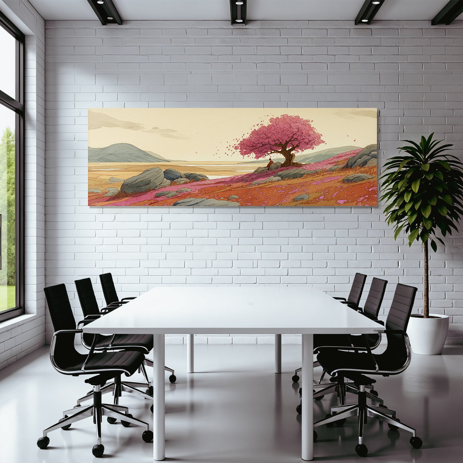 Friedliche Landschaft Mit Kirschbaum Und Person Auf Felsen
