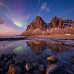 Polarlicht Berglandschaft Aurora Borealis Reflexion Wasser Natur | Fjorde und Gletscher | Landschaften