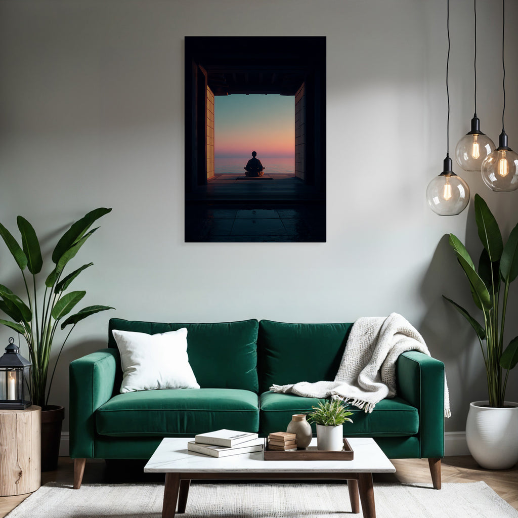 Yoga Meditation Ruhige Szene Person Meditiert See Horizont Sonnenuntergang Japanisches Design | Yoga und Meditation | Themen und Hobbys