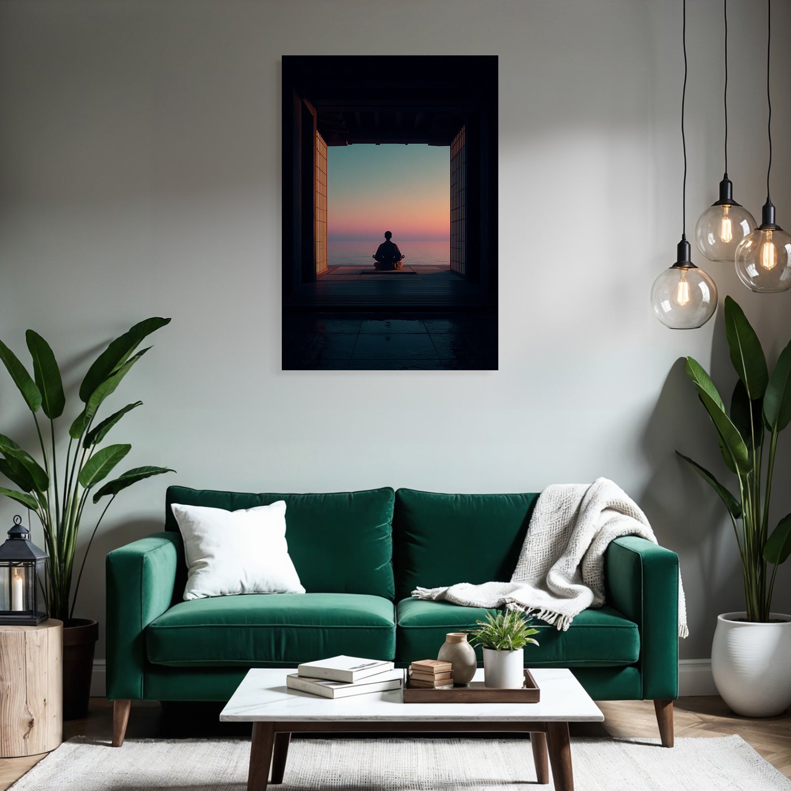 Yoga Meditation Ruhige Szene Person Meditiert See Horizont Sonnenuntergang Japanisches Design | Yoga und Meditation | Themen und Hobbys