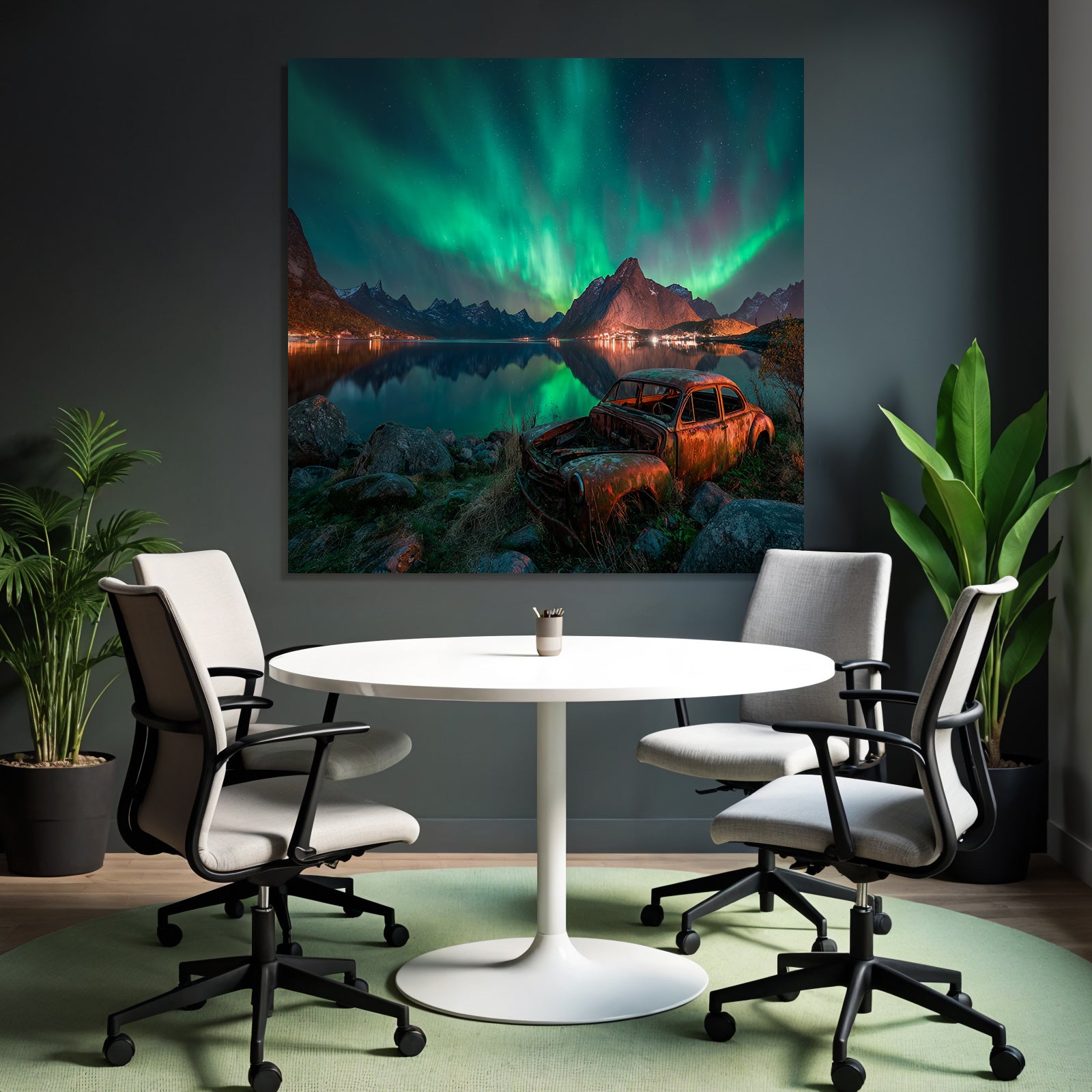 Polarlicht Nordlichter Und Rustiges Auto Am See Mit Bergen Im Hintergrund | Fjorde und Gletscher | Landschaften