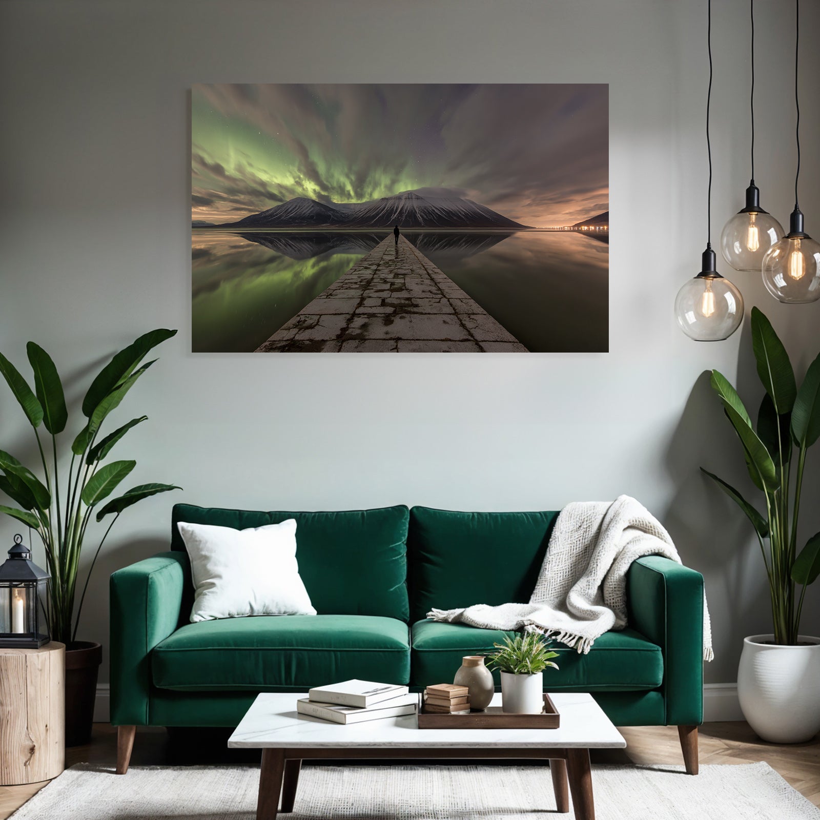 Polarlicht Naturlandschaft Mit Aurora Borealis Und Bergspiegelung | Fjorde und Gletscher | Landschaften