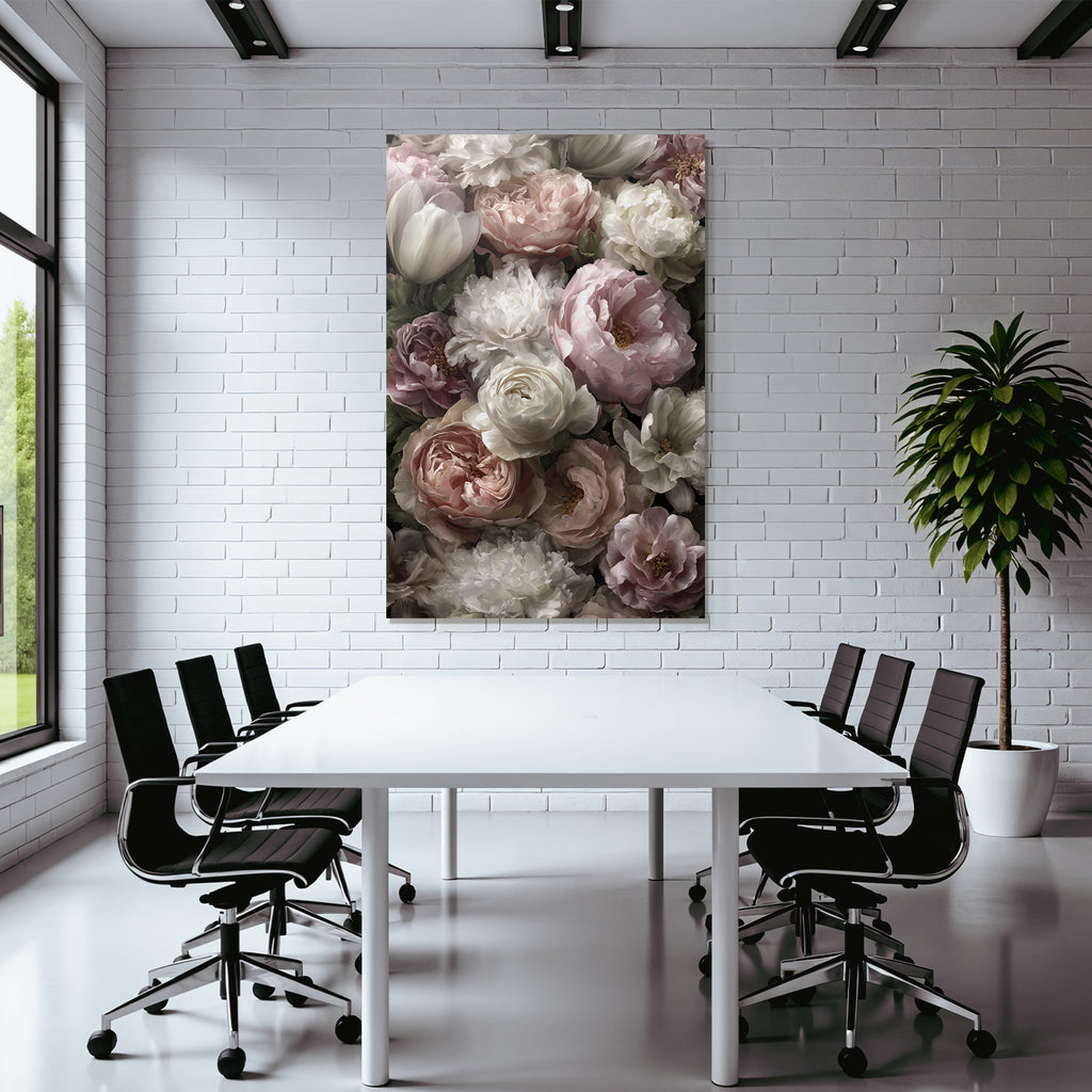 Arrangement Mit Pfingstrosen Und Tulpen Vor Dunklem Hintergrund