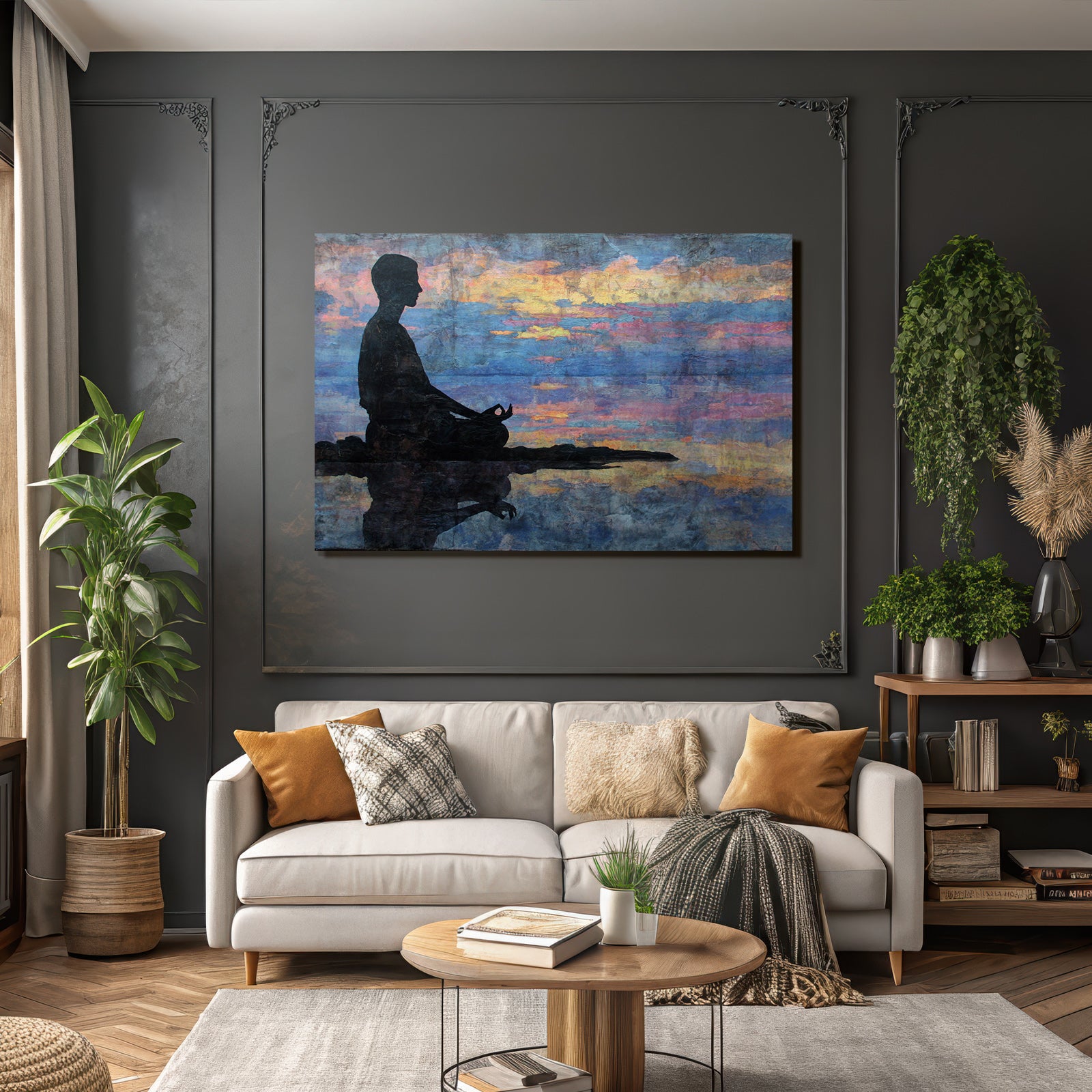 Yoga Meditation Sitzende Figur In Meditation Auf Reflektierendem Wasser Mit Vibrantem Himmel | Yoga und Meditation | Themen und Hobbys