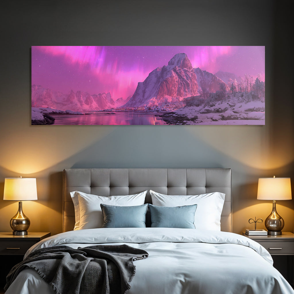 Polarlicht Winterlandschaft Nordlichter Verschneite Berge Beruhigender Wasser Fluss | Fjorde und Gletscher | Landschaften