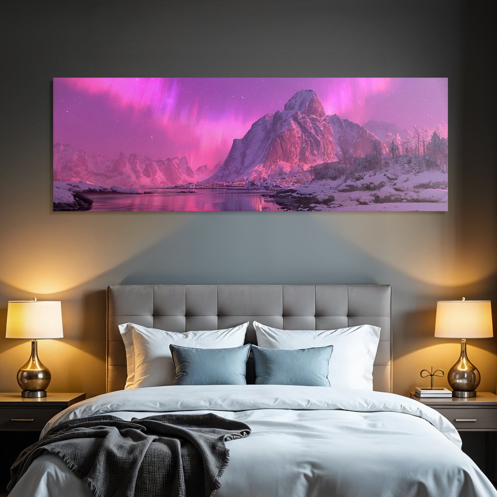 Polarlicht Winterlandschaft Nordlichter Verschneite Berge Beruhigender Wasser Fluss | Fjorde und Gletscher | Landschaften