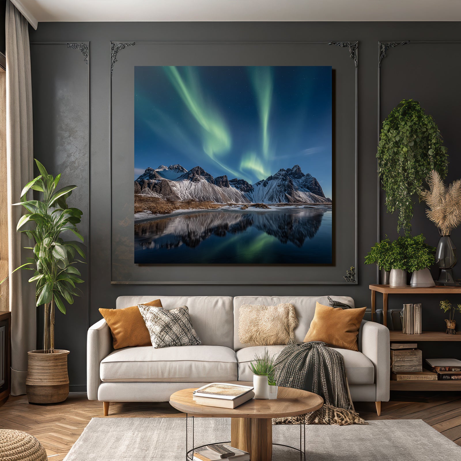 Polarlicht Schneebedeckte Berge Und Nordlichter Auf Dem Wasser | Fjorde und Gletscher | Landschaften