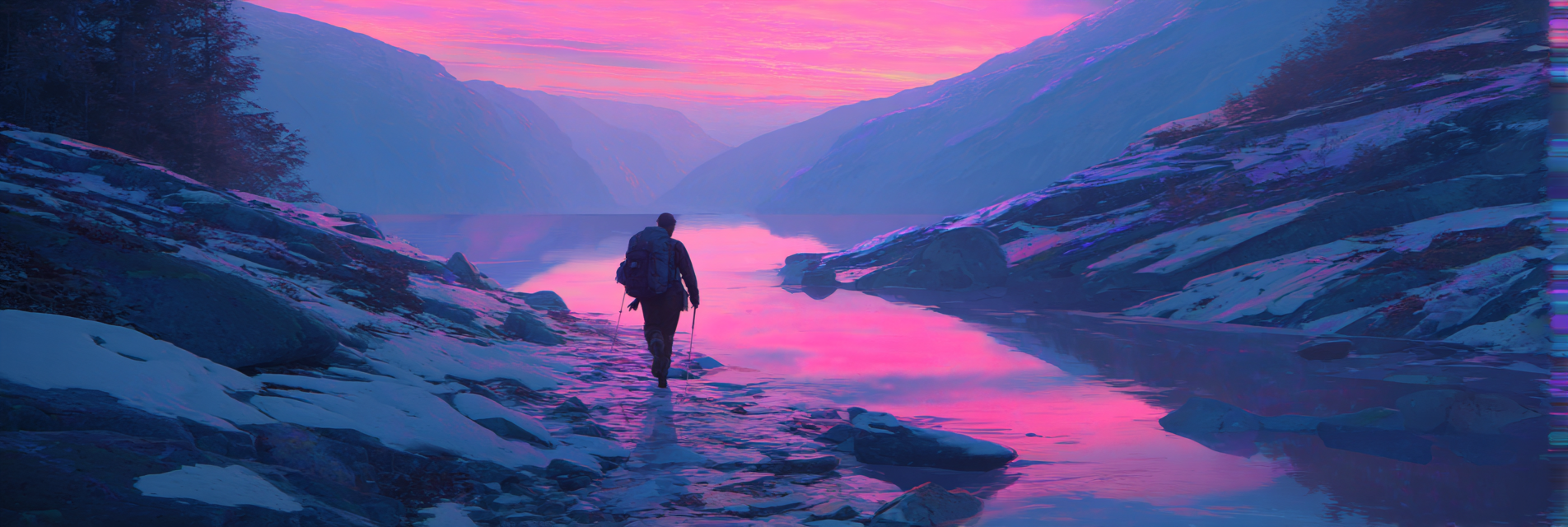 Polarlicht Ruhige Landschaft Mit Person Am Steinigen Ufer Bei Sonnenaufgang Oder Sonnenuntergang | Fjorde und Gletscher | Landschaften