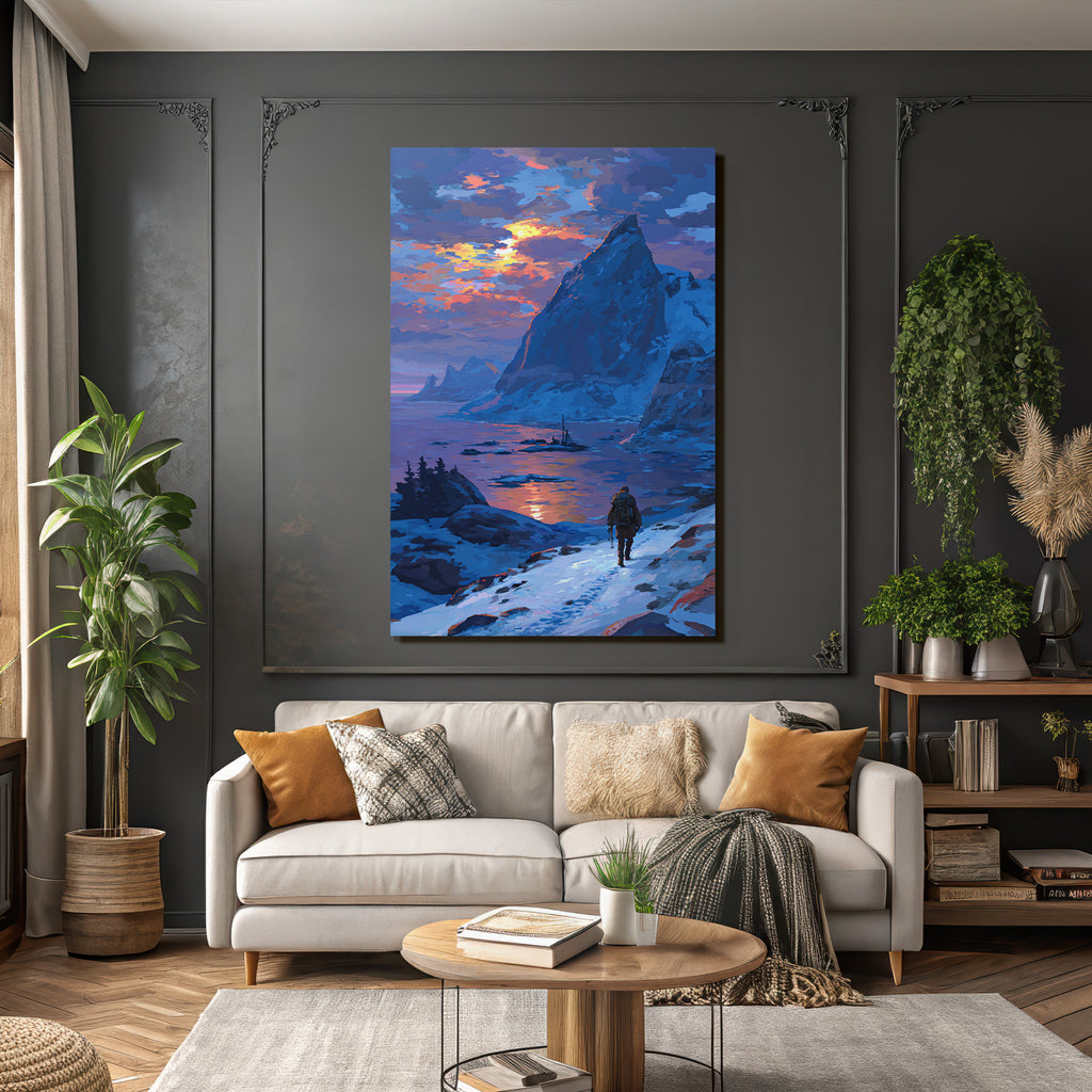 Polarlicht Schneepfad Im Sonnenaufgang Mit Berglandschaft Und Wasser | Fjorde und Gletscher | Landschaften